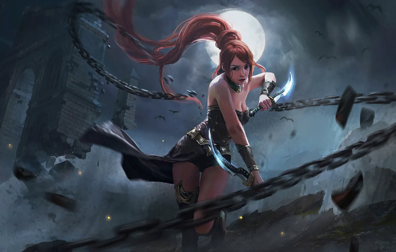Photo wallpaper girl, night, the moon, art, chain, destruction, dagger, ruins