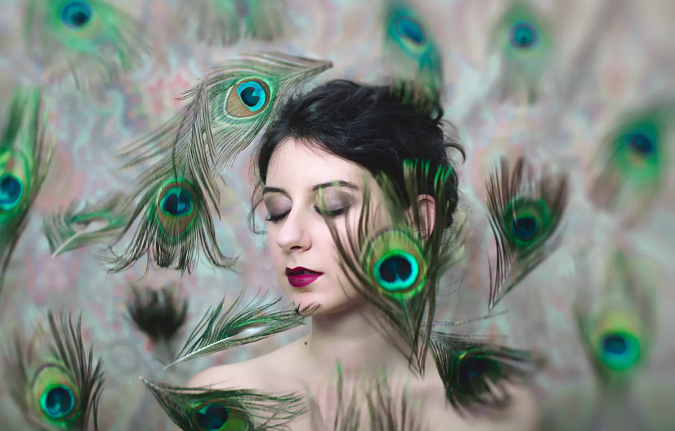 Photo wallpaper girl, portrait, feathers