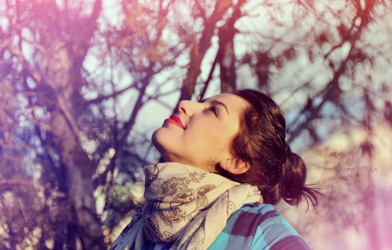 Photo wallpaper look, girl, trees, nature, hair, makeup, scarf, lips