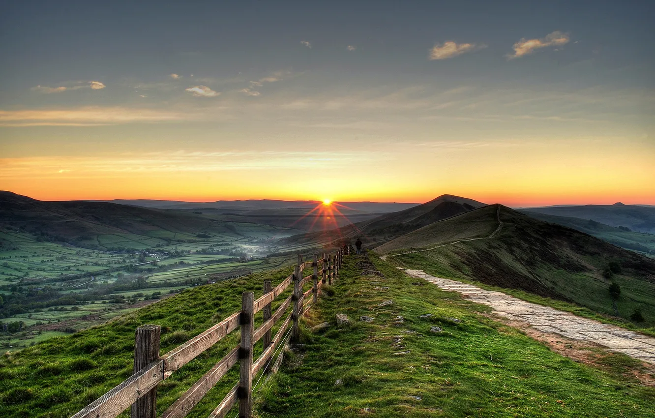 Photo wallpaper road, the sun, mountains, dawn, the fence, valley