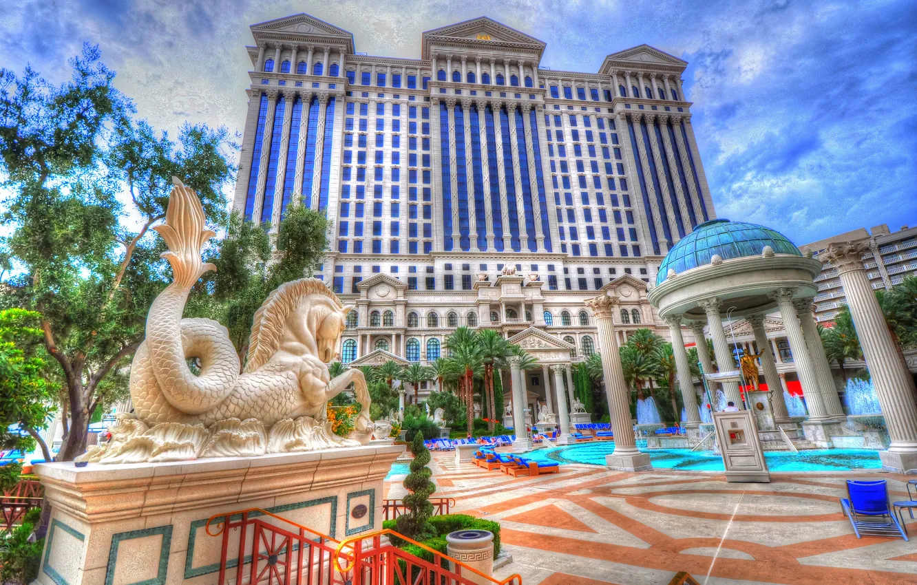 Photo wallpaper the sky, clouds, pool, columns, sculpture, gazebo, Las Vegas, casino