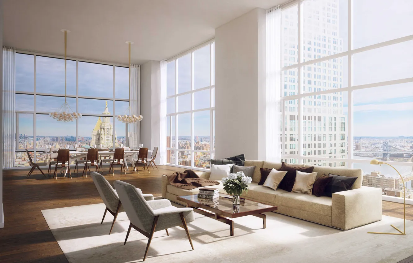 Photo wallpaper interior, NYC, living room, dining room, Luxury Apartments, Best Penthouses
