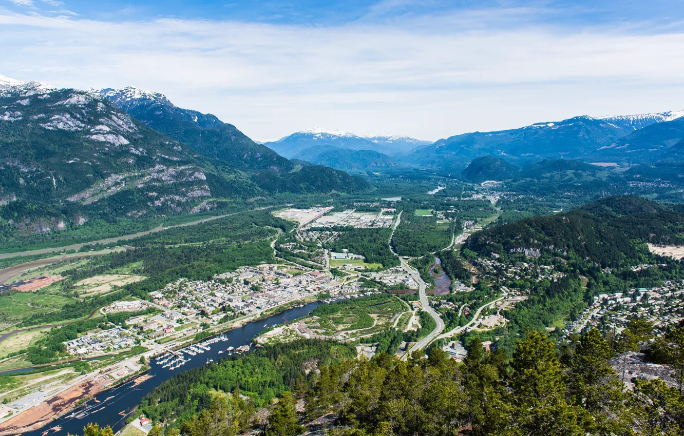 Photo wallpaper river, hills, valley, town