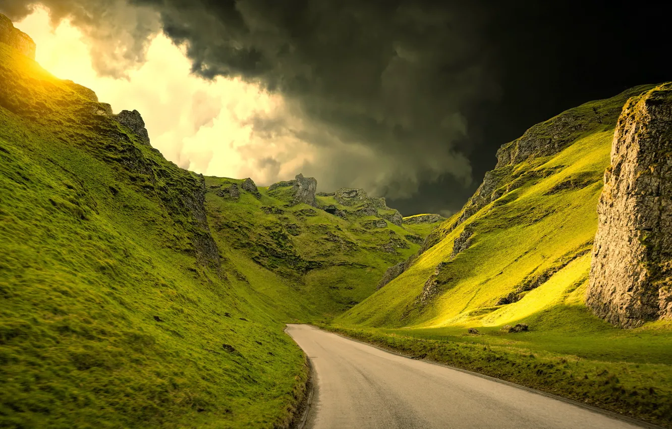 Photo wallpaper road, mountains, clouds