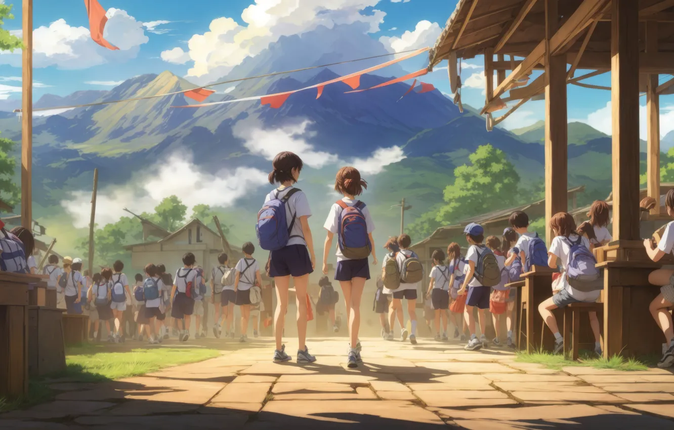 Photo wallpaper vacation, flags, friend, students, camp, backpacks, two girls, summer day
