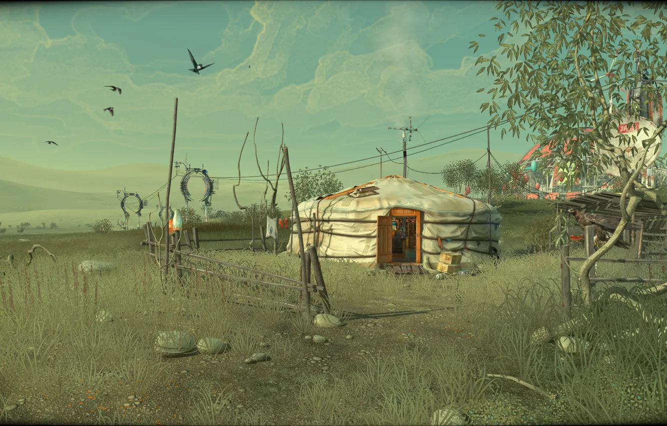 Photo wallpaper the sky, birds, game, Mongolia, Yurt, indie, adventure, Cradle