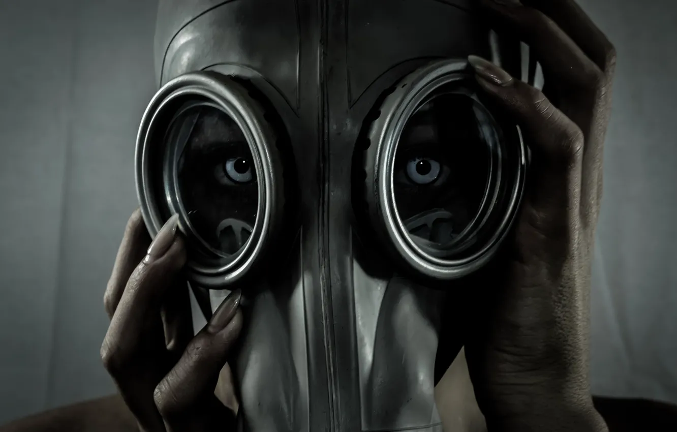 Photo wallpaper eyes, creature, gas mask, female fingers