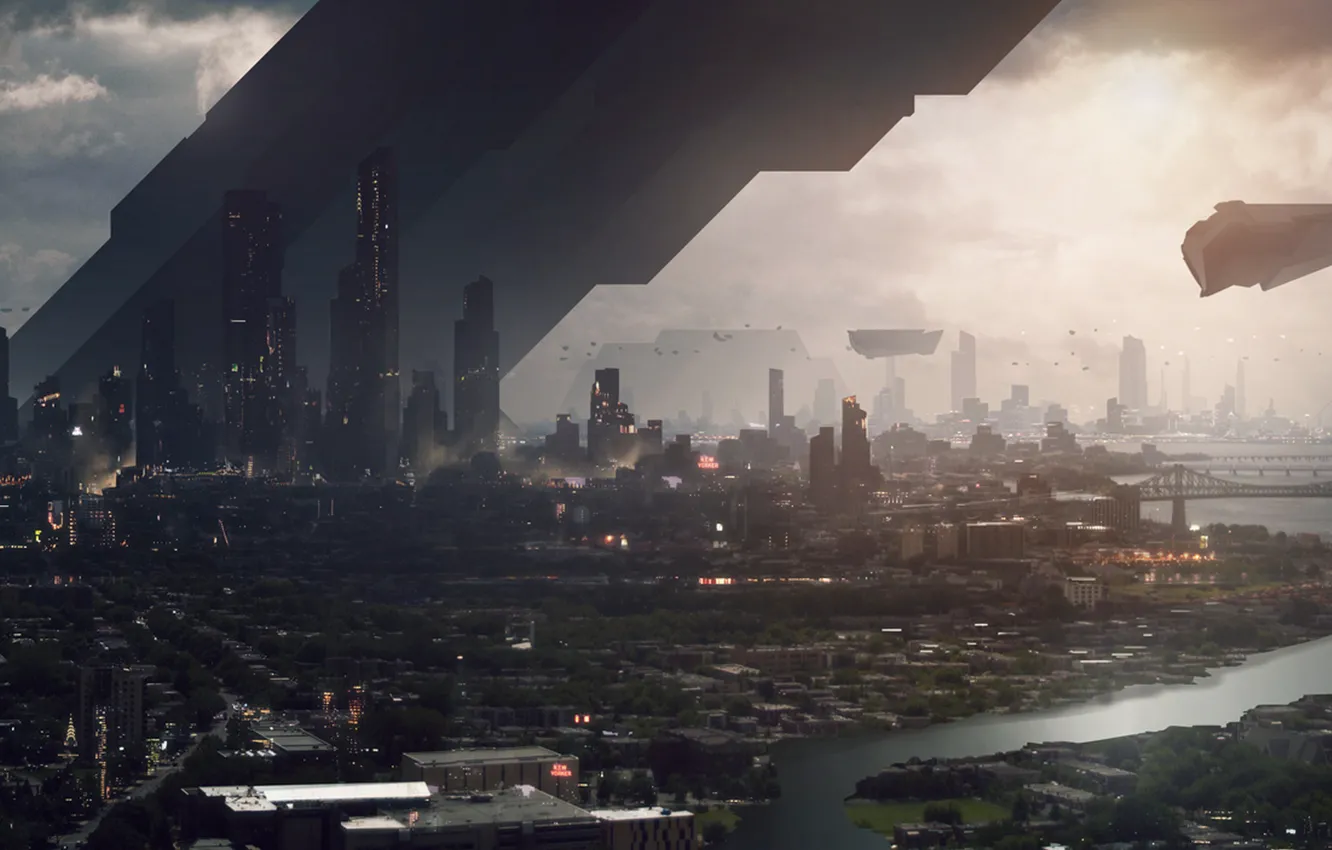 Photo wallpaper night, the city, future, river, skyscrapers