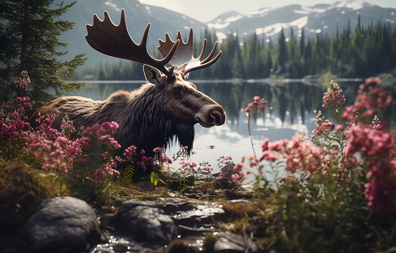 Photo wallpaper forest, flowers, nature, pond, moose, AI art, neural network