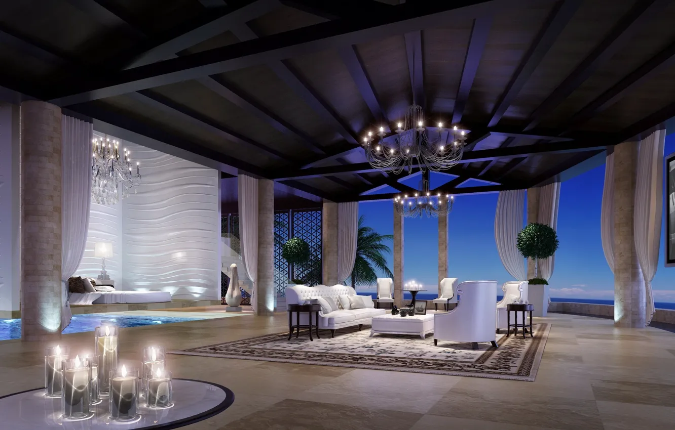 Photo wallpaper design, room, sofa, interior, chair, candles