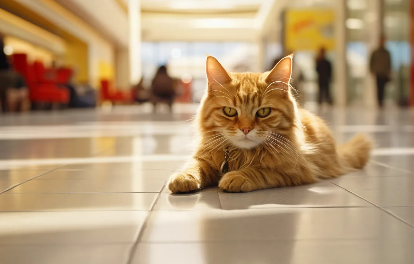 Photo wallpaper cat, cat, look, pose, tile, people, floor, lies