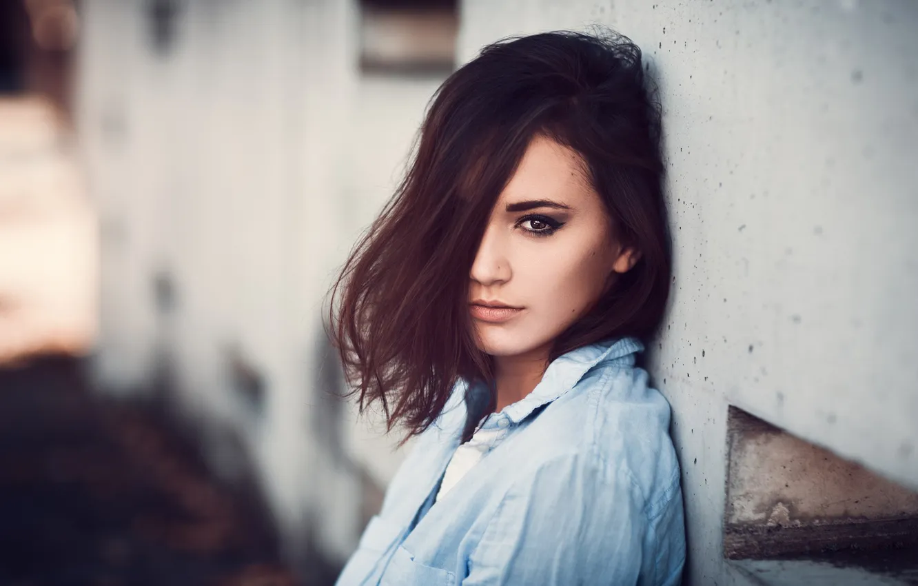 Photo wallpaper look, pose, model, portrait, makeup, brunette, hairstyle, shirt