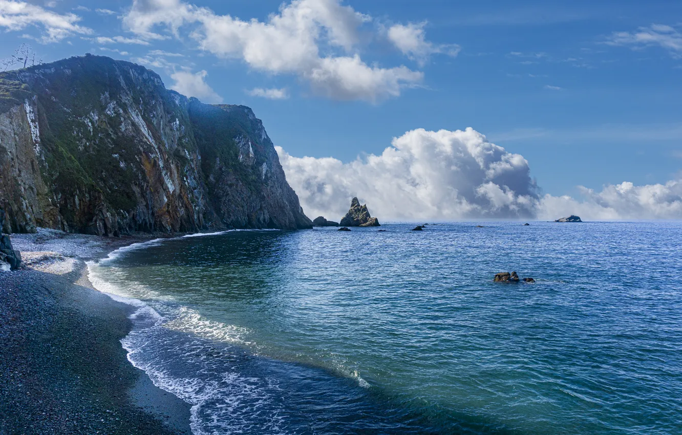 Photo wallpaper sea, beach, the sky, clouds, mountains, blue, rocks, shore