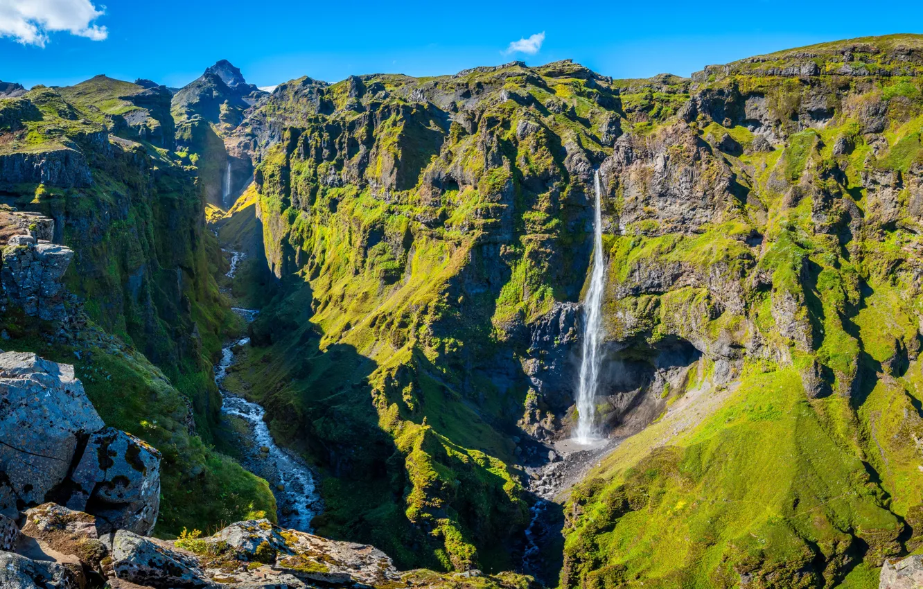 Photo wallpaper mountains, waterfall, panorama, Iceland, canyon, Múlagljúfur