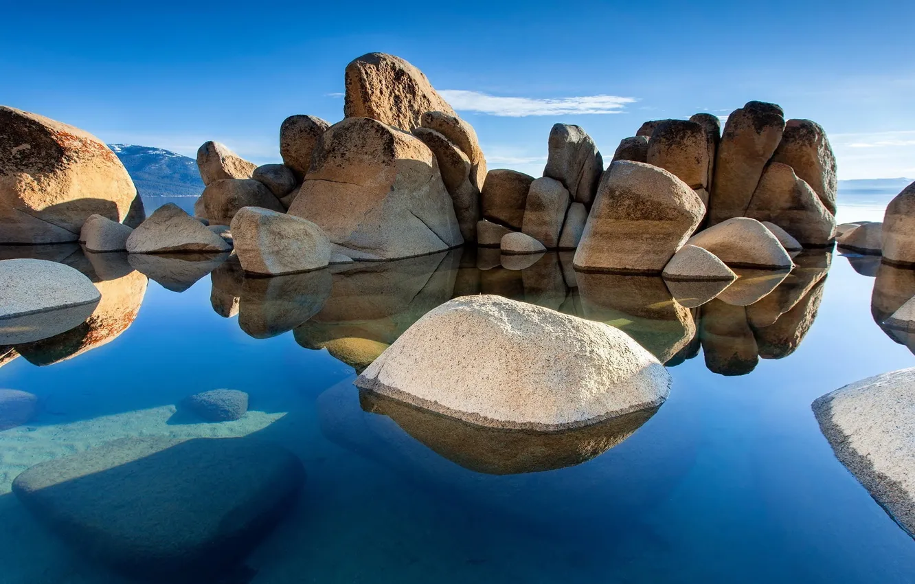 Photo wallpaper sky, landscape, nature, blue, water, calm, rocks, reflection