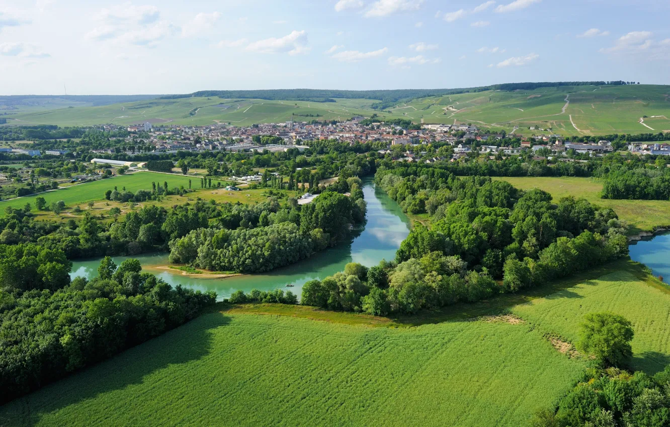 Photo wallpaper the city, river, France, field, Champagne, the champagne region
