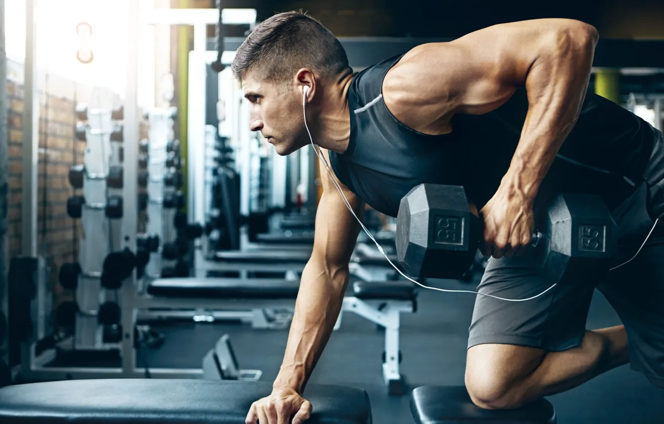 Photo wallpaper pose, Muscle, muscle, pose, dumbbells, biceps, bodybuilder, dumbbells