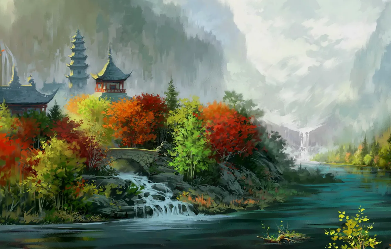 Photo wallpaper autumn, lake, the world, home, river, Fantastic, drawing