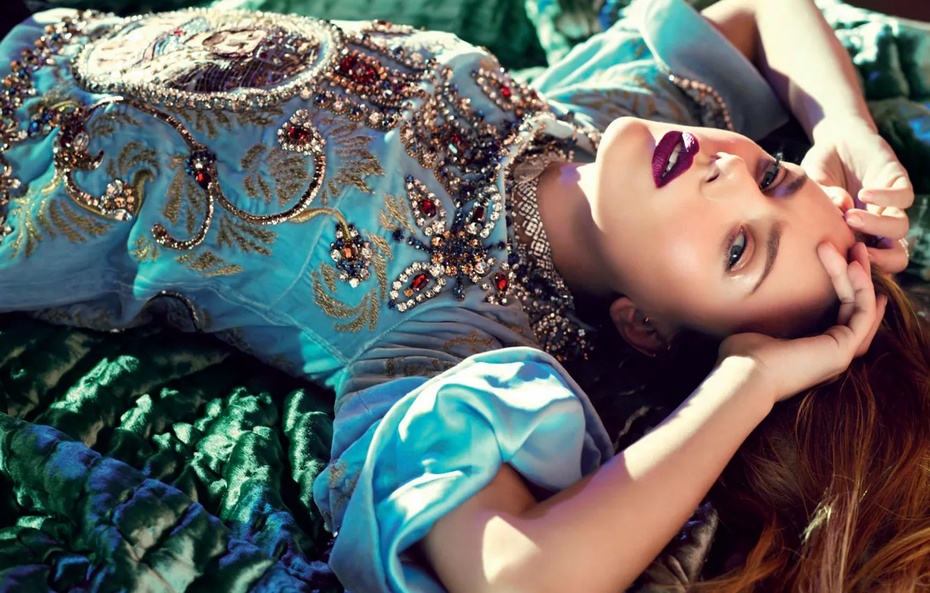 Photo wallpaper girl, decoration, face, stones, makeup, dress, actress, Scarlett Johansson