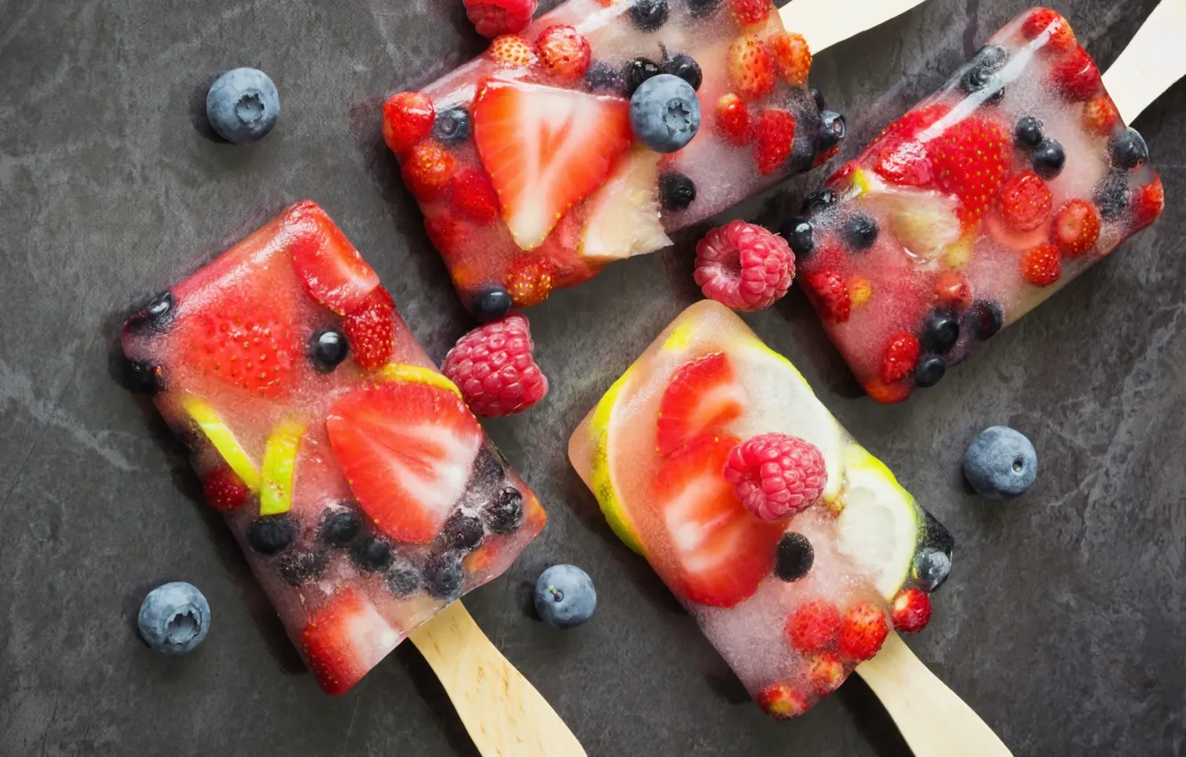 Photo wallpaper berries, raspberry, lemon, blueberries, strawberries, strawberry, ice cream, dessert