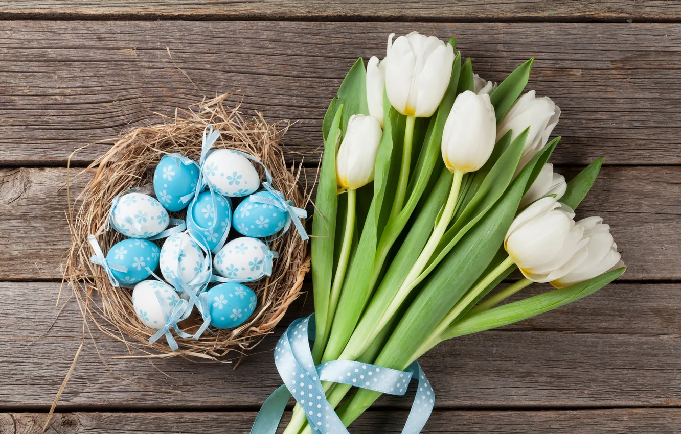 Photo wallpaper flowers, eggs, spring, Easter, white, wood, blue, flowers