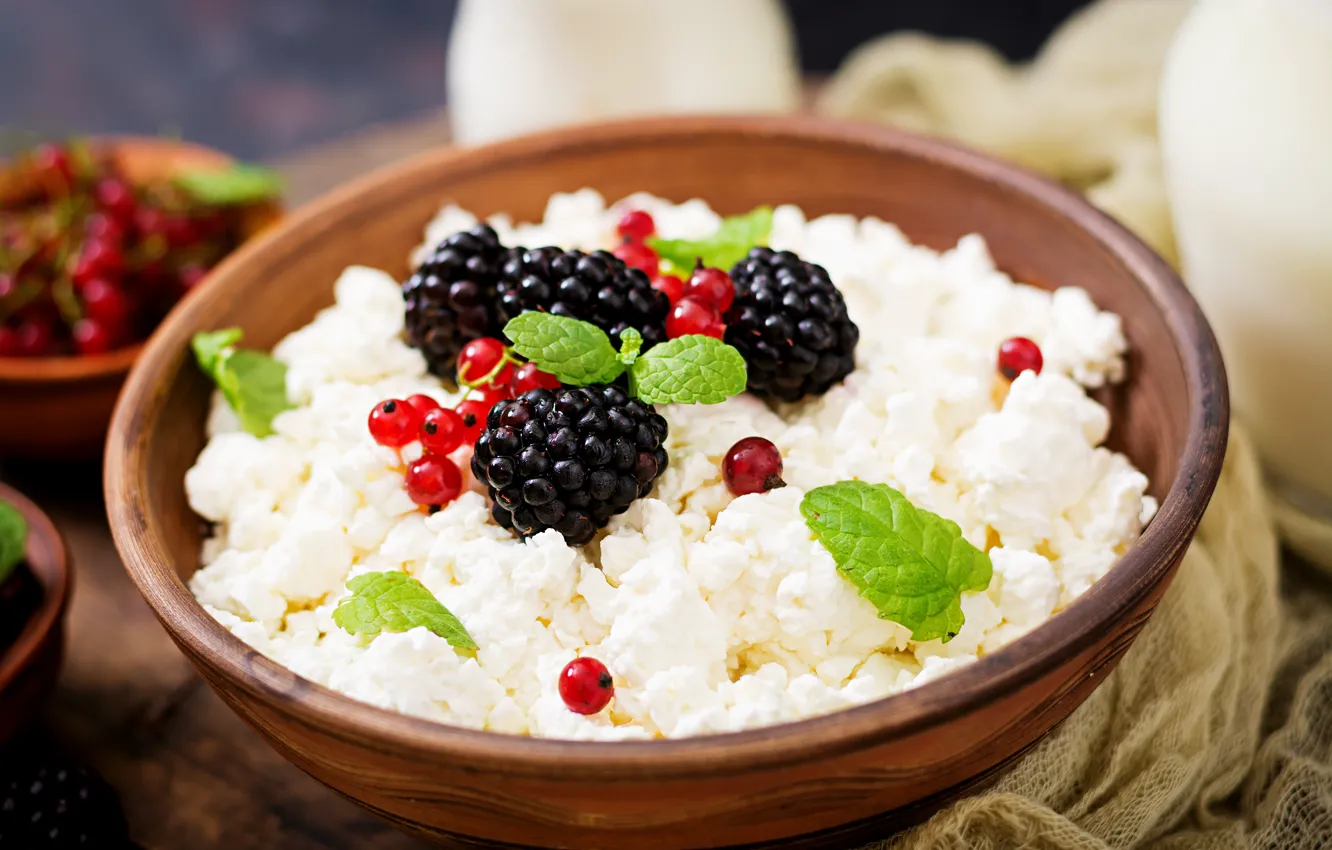 Photo wallpaper bowl, cheese, yogurt, Timolina, Breakfast, currants