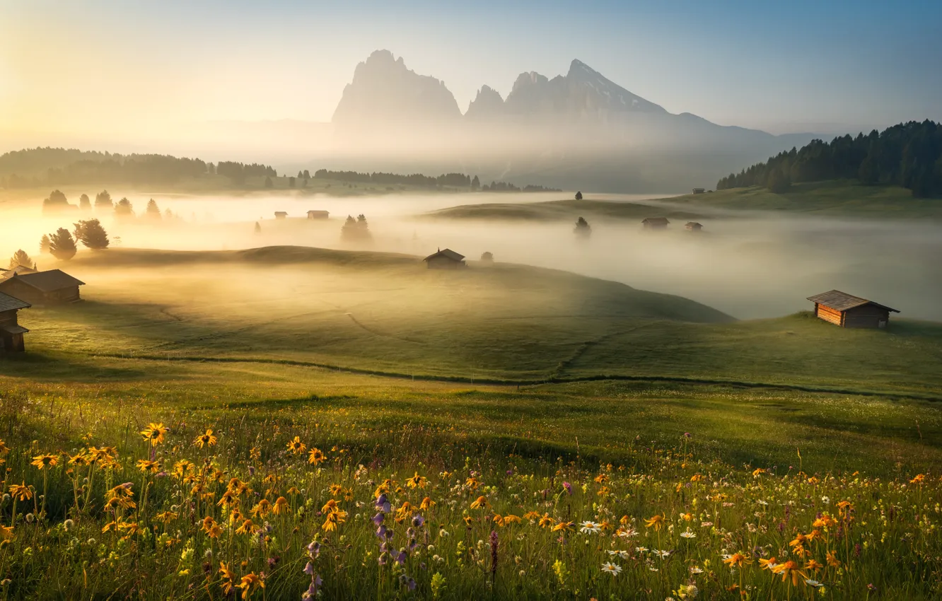 Photo wallpaper mountains, fog, hills, Alps, house, Alpine village