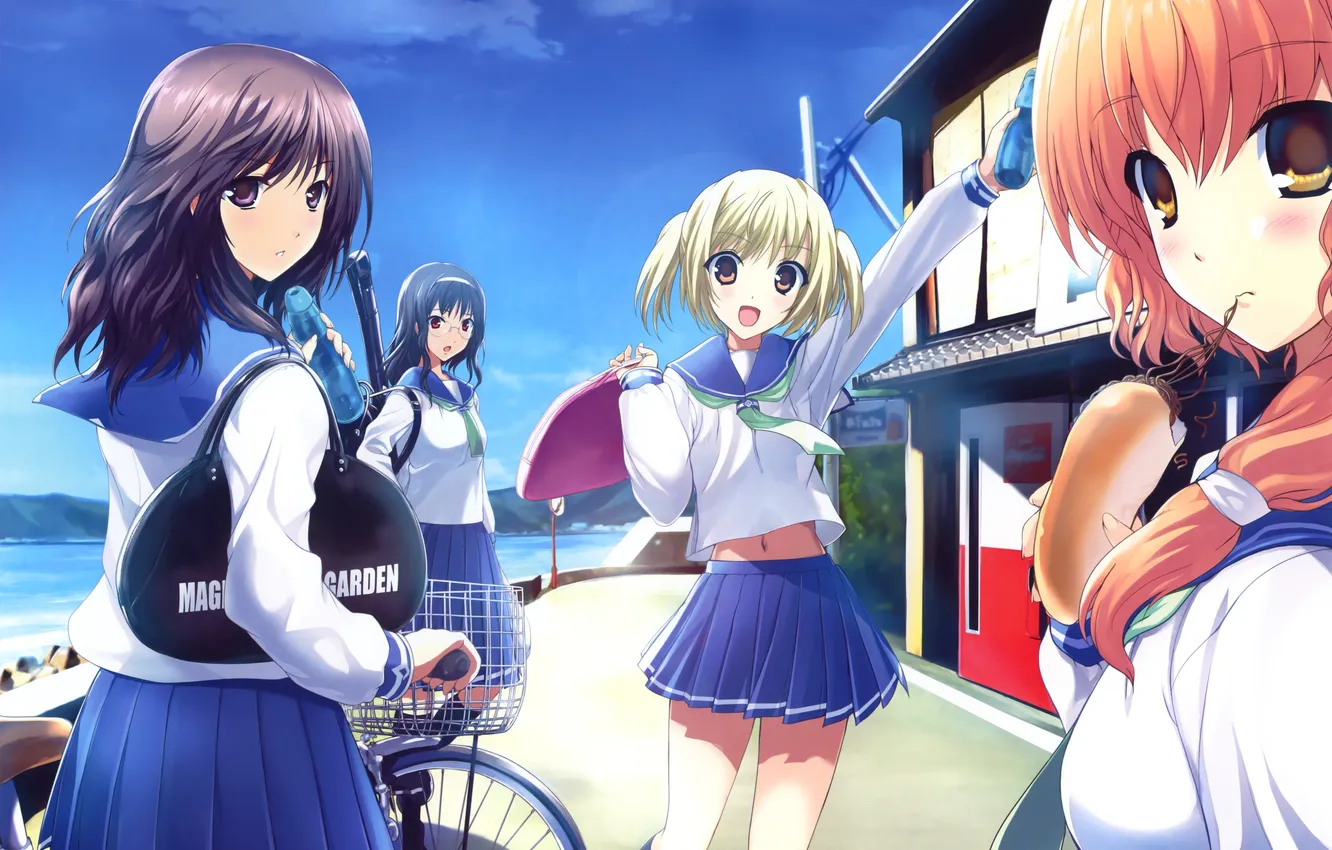 Photo wallpaper the sky, girl, clouds, joy, bike, river, bottle, home