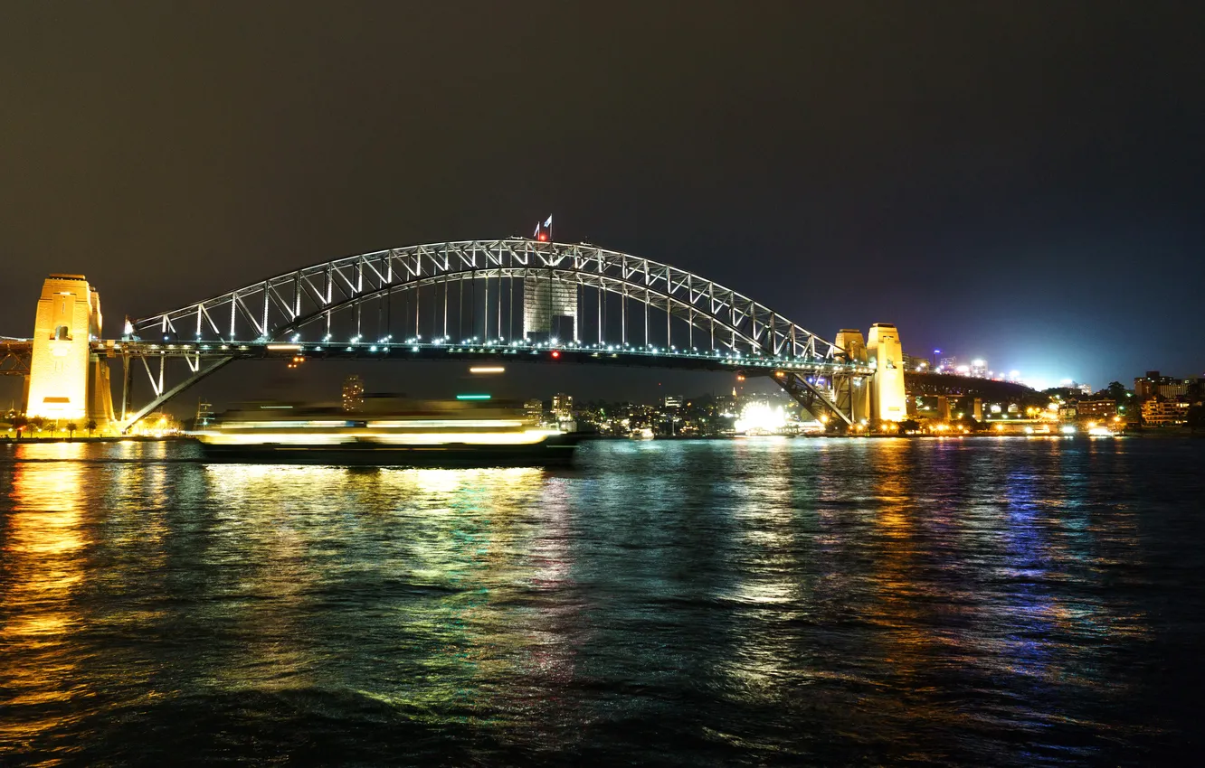 Photo wallpaper night, bridge, lights, river, excerpt, Australia, lights, Sydney