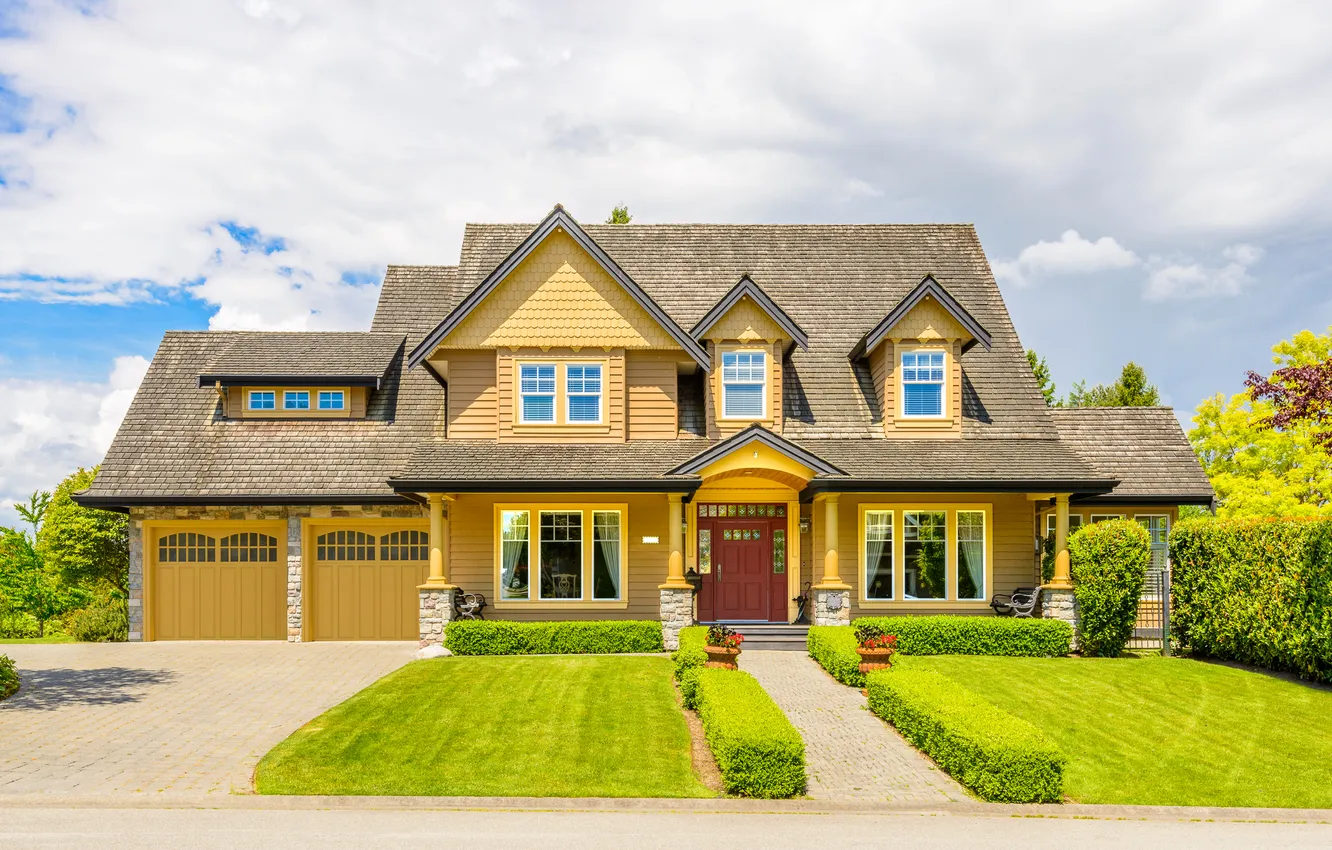 Photo wallpaper greens, the sky, grass, the sun, clouds, trees, design, lawn