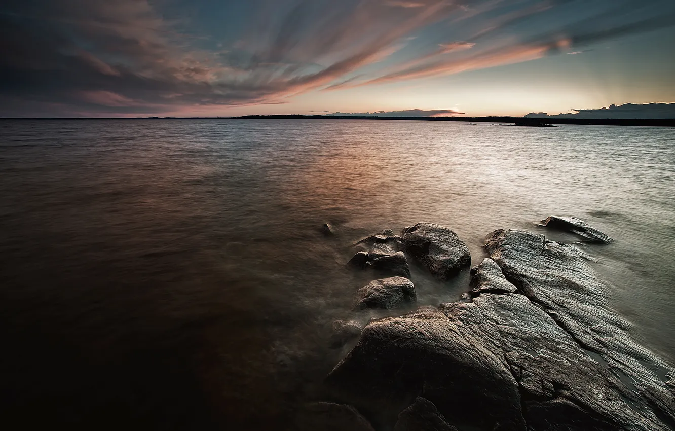 Wallpaper sea, the sky, clouds, stones, dawn for mobile and desktop ...