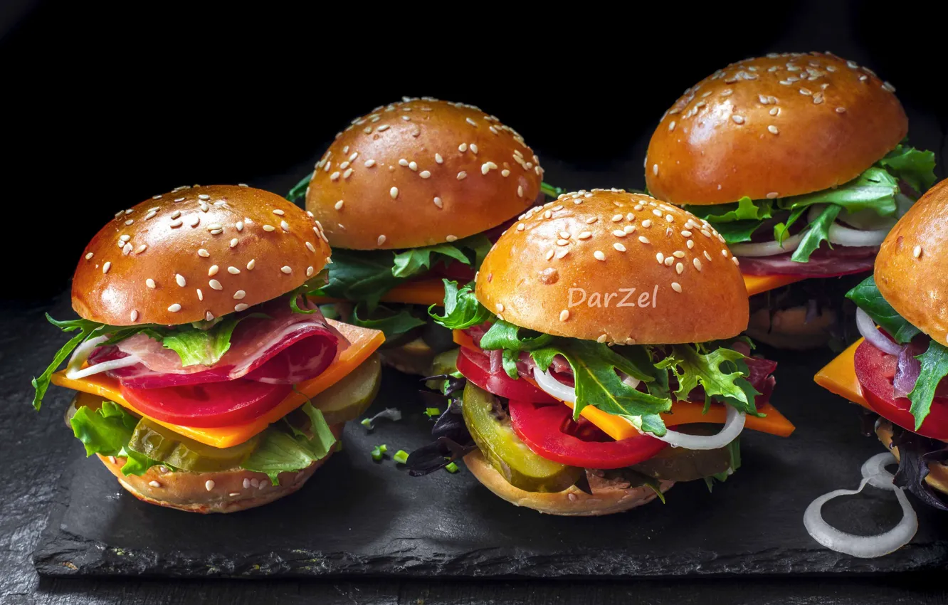 Photo wallpaper vegetables, hamburger, buns, ham