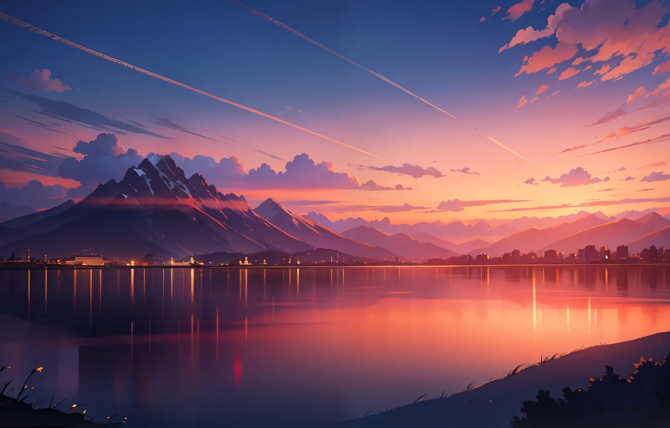 Photo wallpaper water, clouds, sunset, mountains