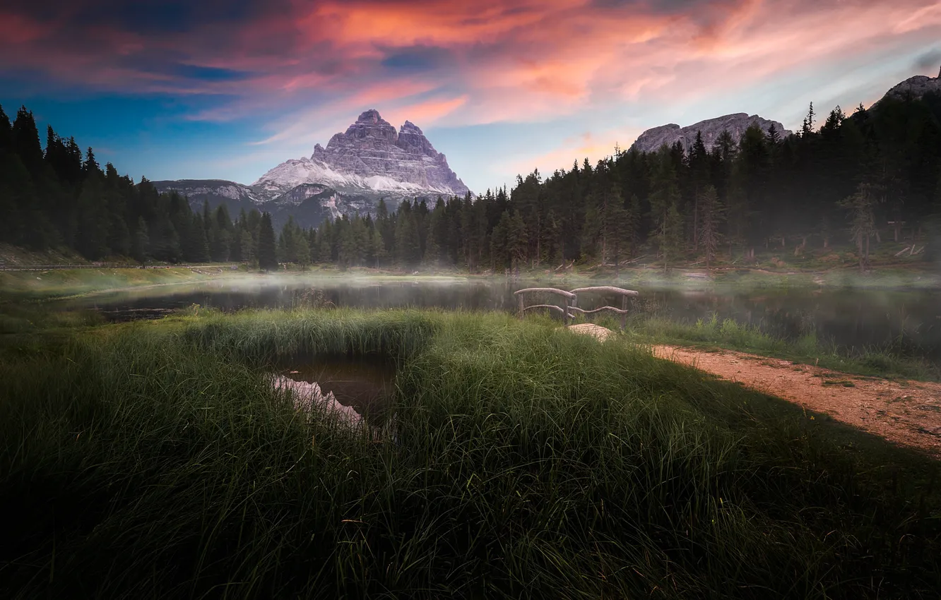 Photo wallpaper mountains, fog, lake