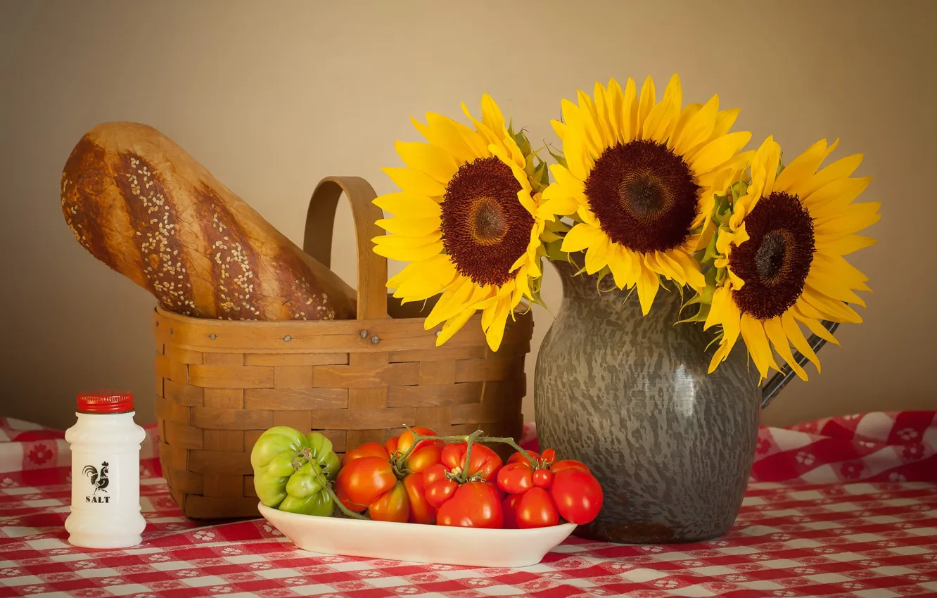 Photo wallpaper sunflowers, bread, tomatoes, salt
