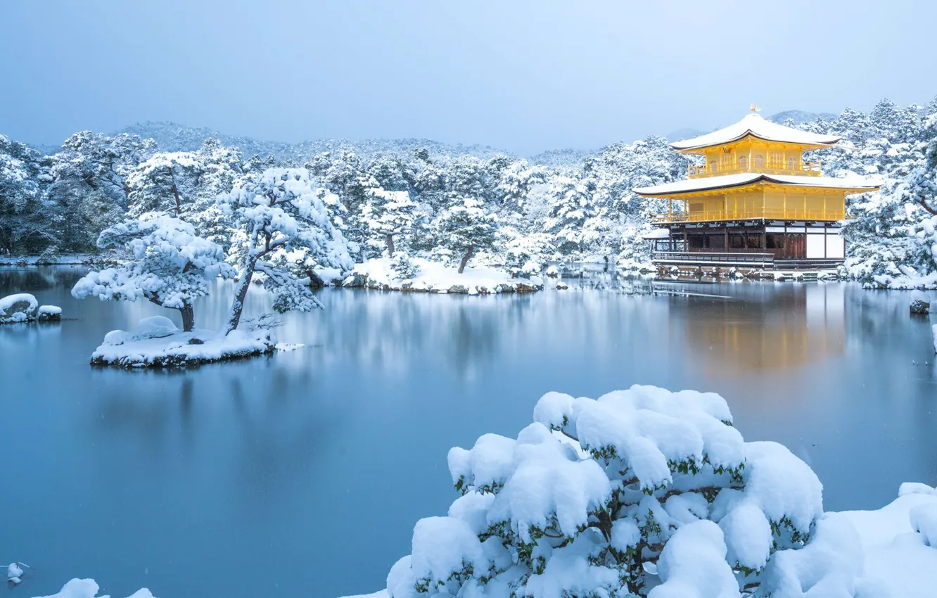 Photo wallpaper winter, snow, lake, Japan, temple, Kyoto, Kinkaku-JI