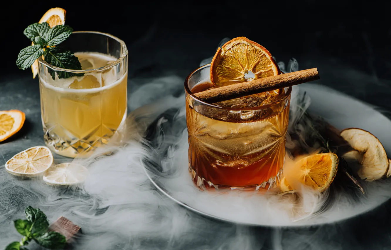 Photo wallpaper orange, alcohol, cinnamon, mint, cocktail