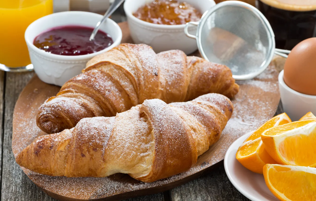 Photo wallpaper egg, orange, Breakfast, cakes, jam, croissants