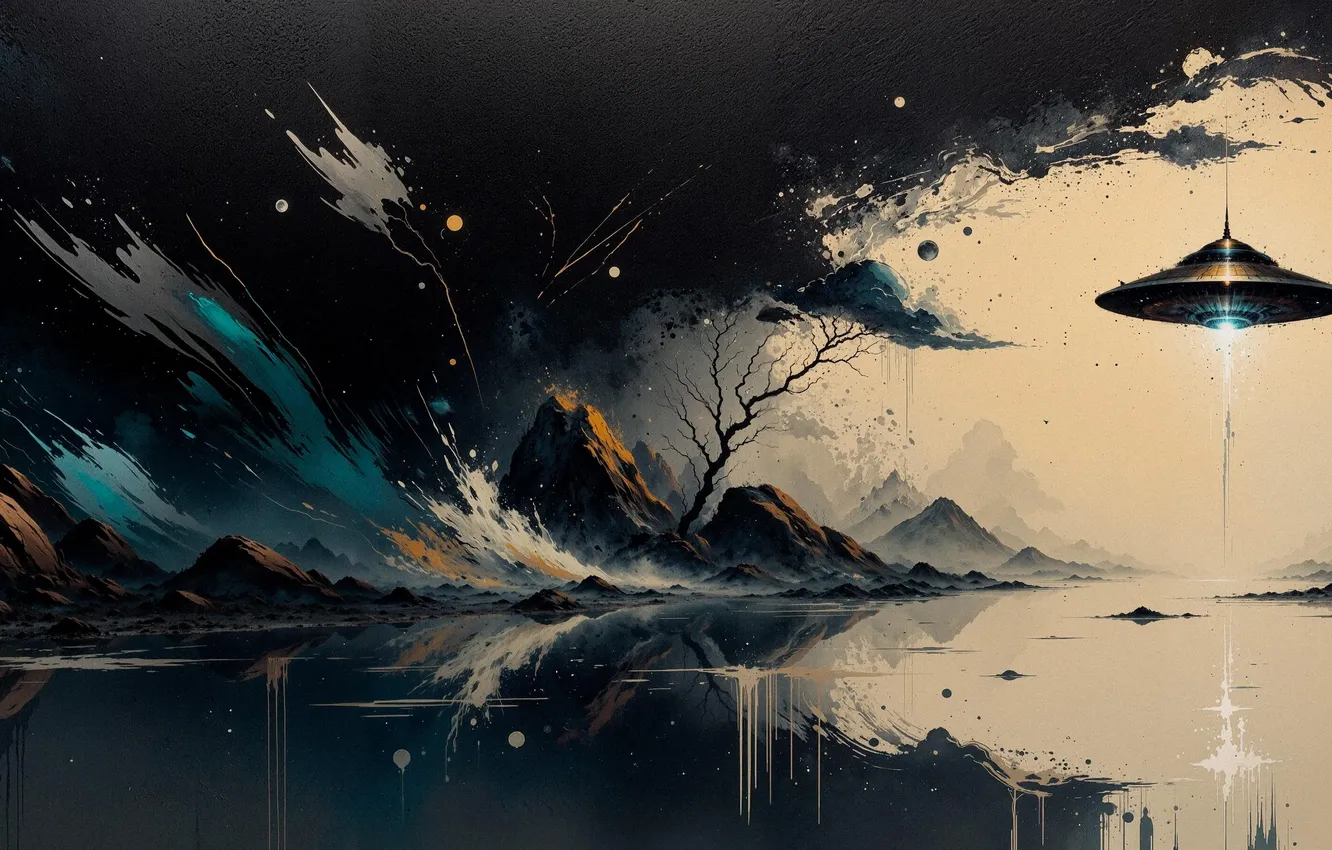 Photo wallpaper mountains, squirt, paint, mountains, spaceship, spaceship, splashes, paints
