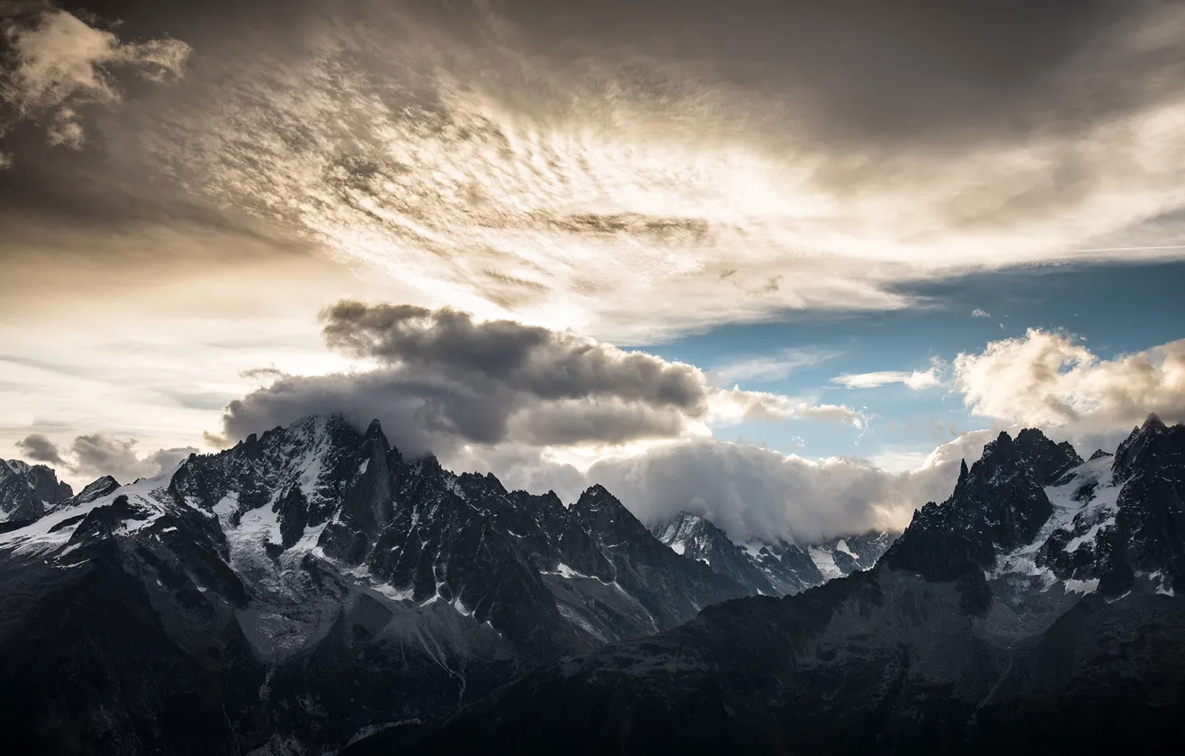 Photo wallpaper the sky, clouds, snow, mountains, nature, rocks