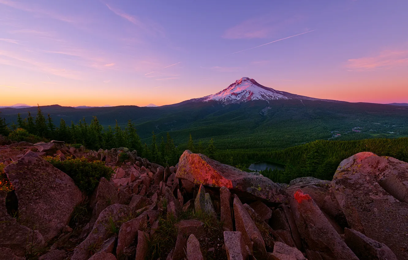 Photo wallpaper forest, summer, light, sunset, mountains, stones, USA, Oregon
