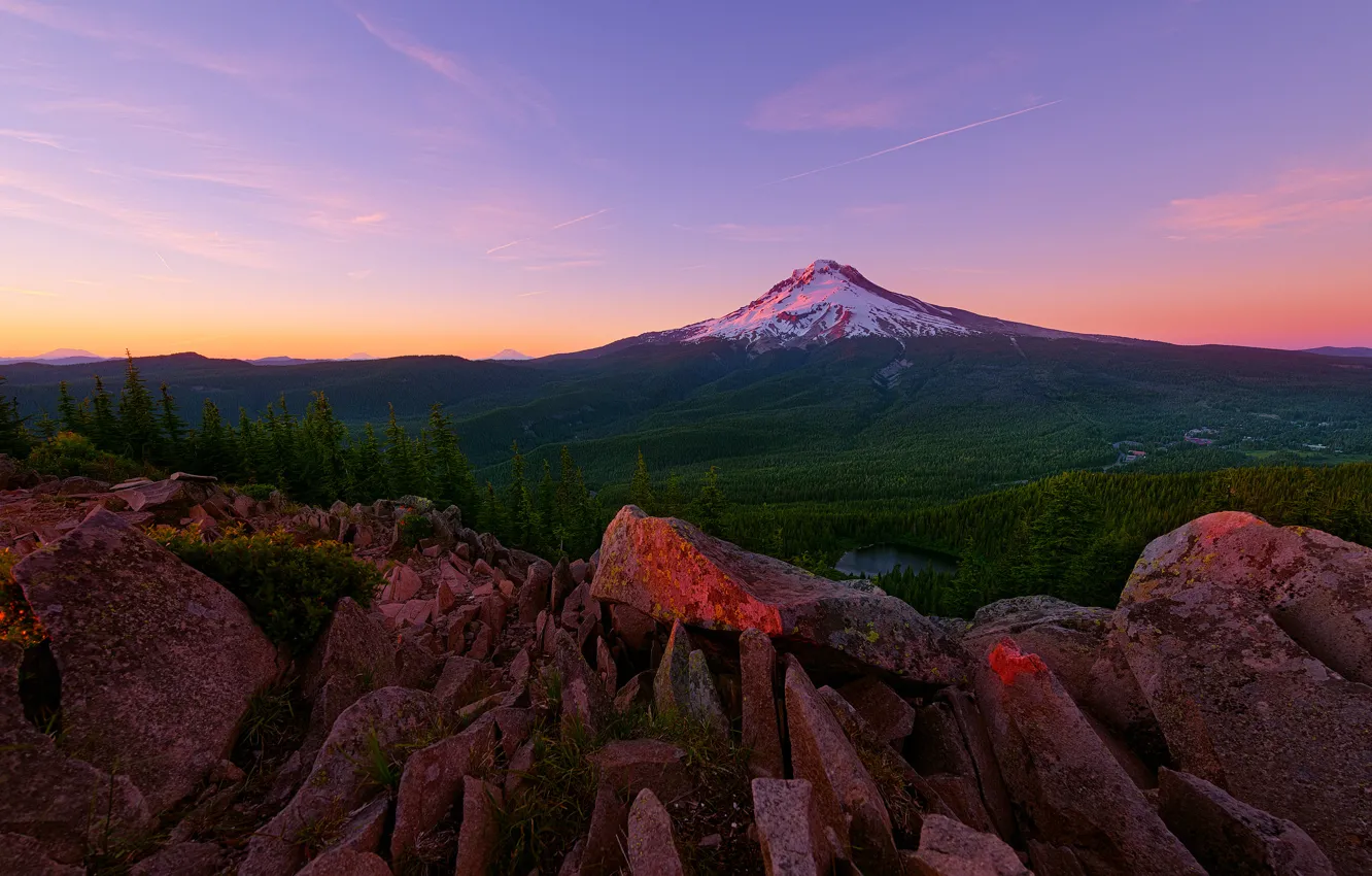 Photo wallpaper forest, summer, light, sunset, stones, mountain, USA, Oregon