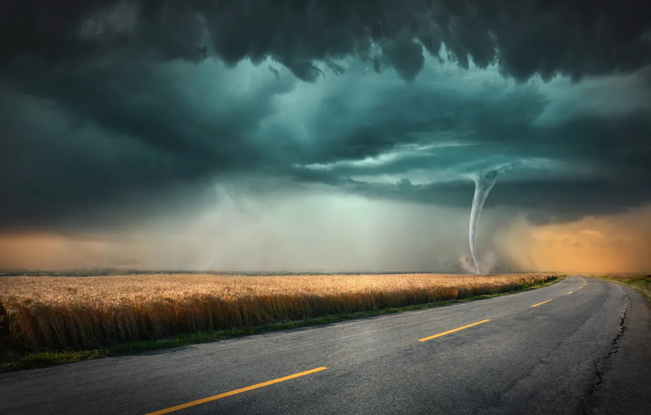 Photo wallpaper road, field, clouds, tornado, tornado