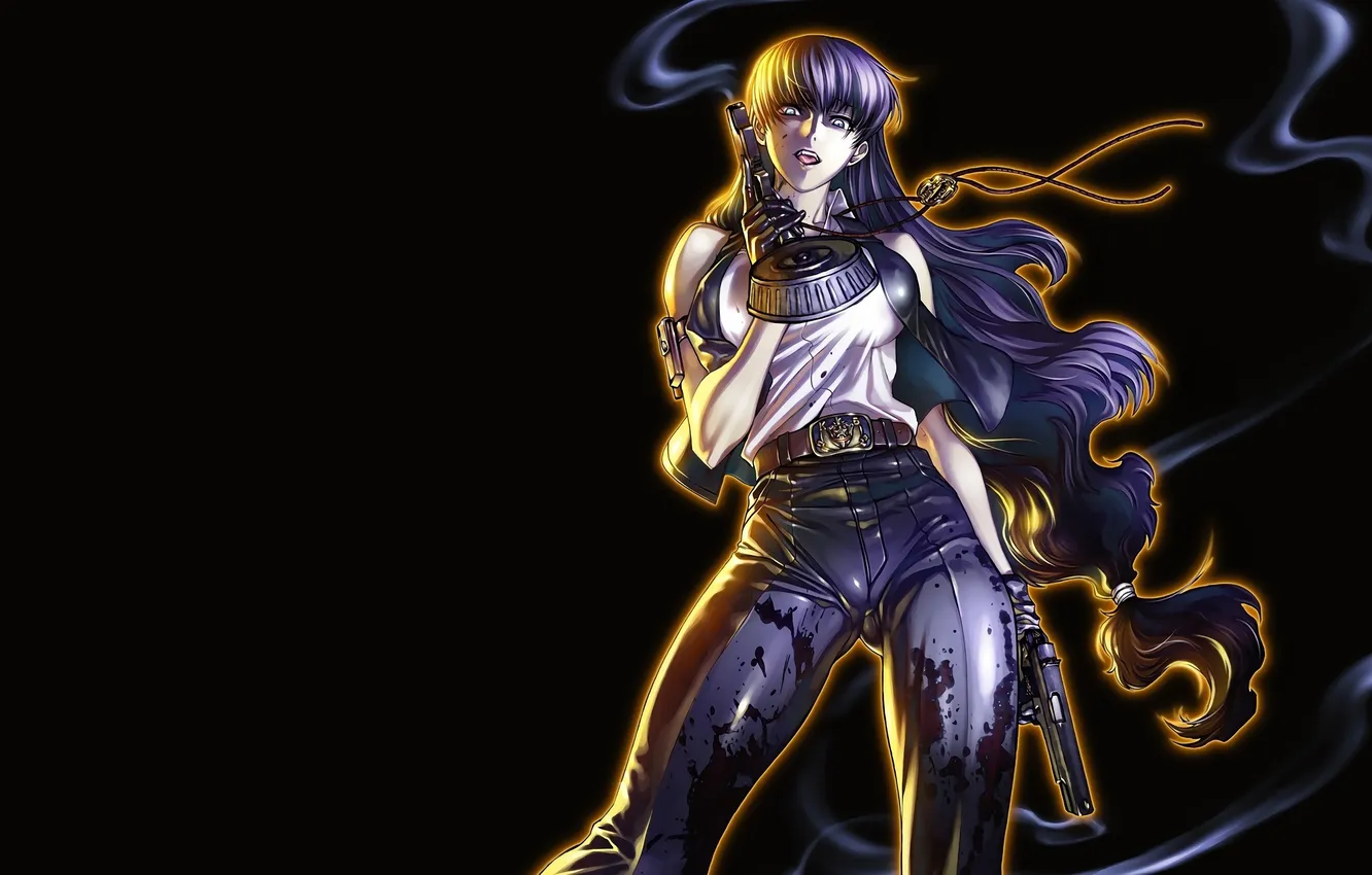 Photo wallpaper Black Lagoon, gun, women, girls with guns, anime girls, purple hair, Roberta, Frontal View