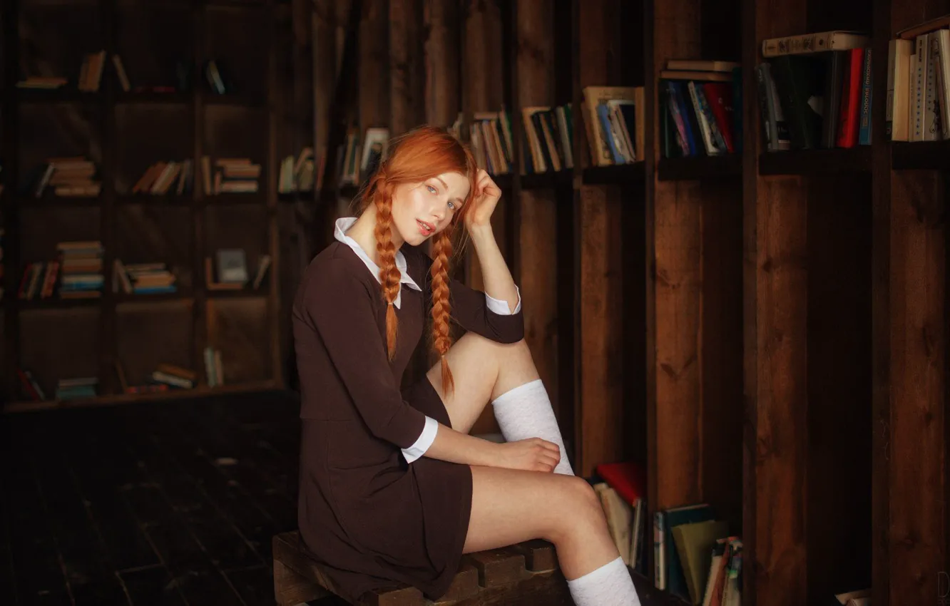 Photo wallpaper dress, model, women, redhead, sitting, socks, braids, library