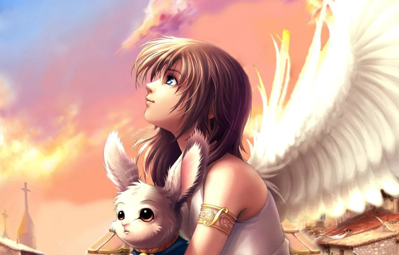 Photo wallpaper girl, wings, animal, anime