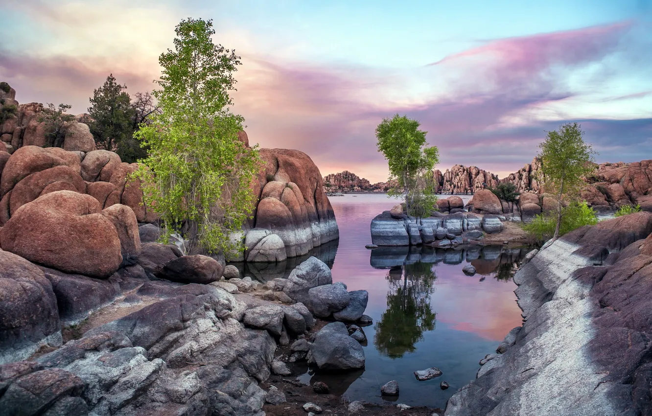 Photo wallpaper landscape, sunset, Lake Watson