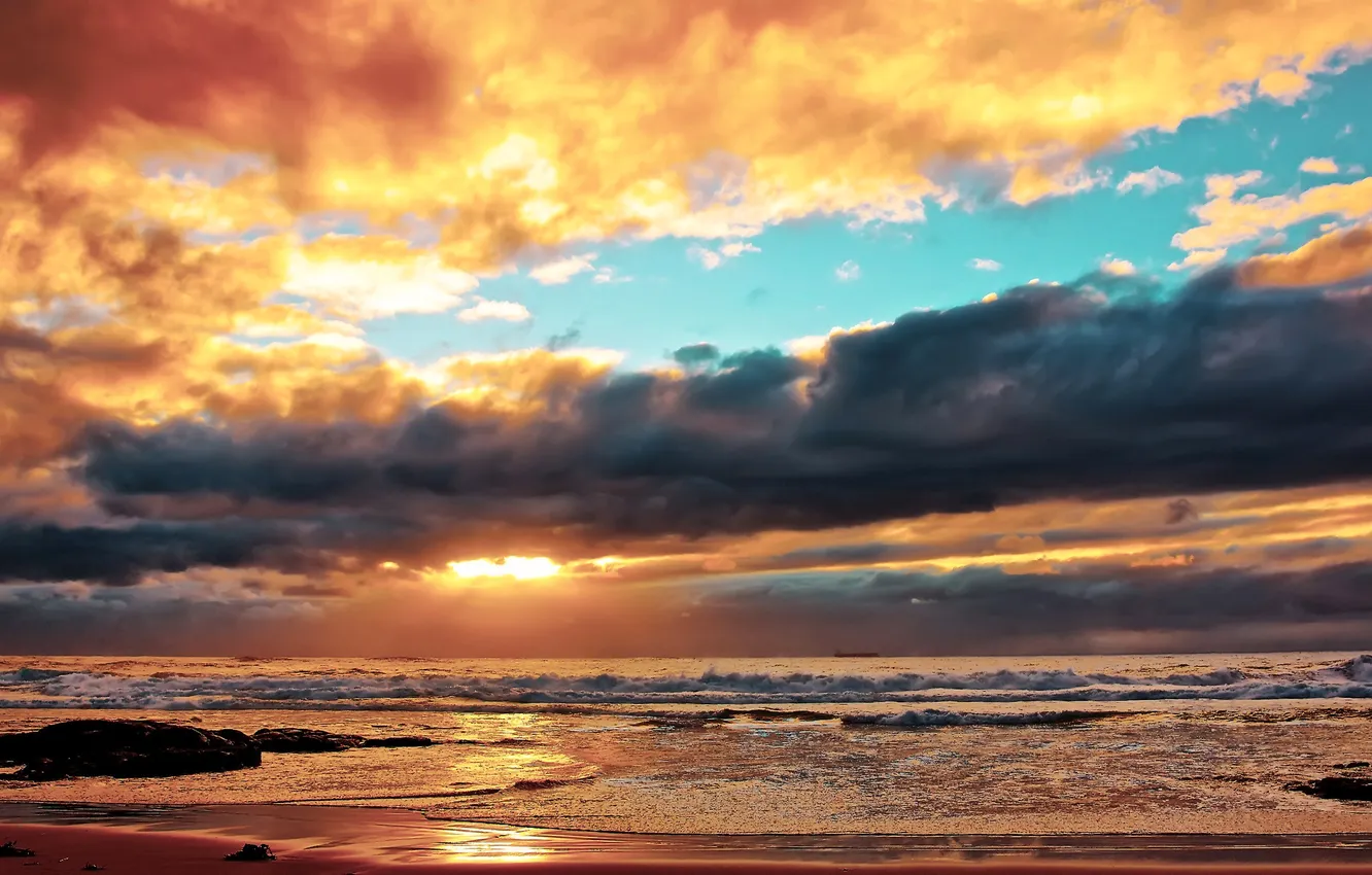 Photo wallpaper sea, the sky, clouds, sunset, clouds, nature, shore, surf