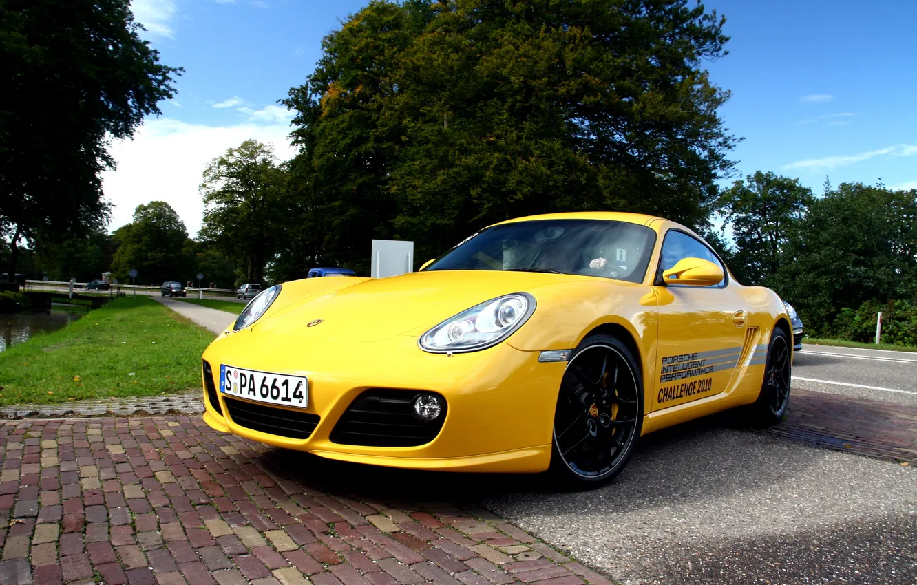 Photo wallpaper road, yellow, 911, Porsche, Cayman, before, Porsche