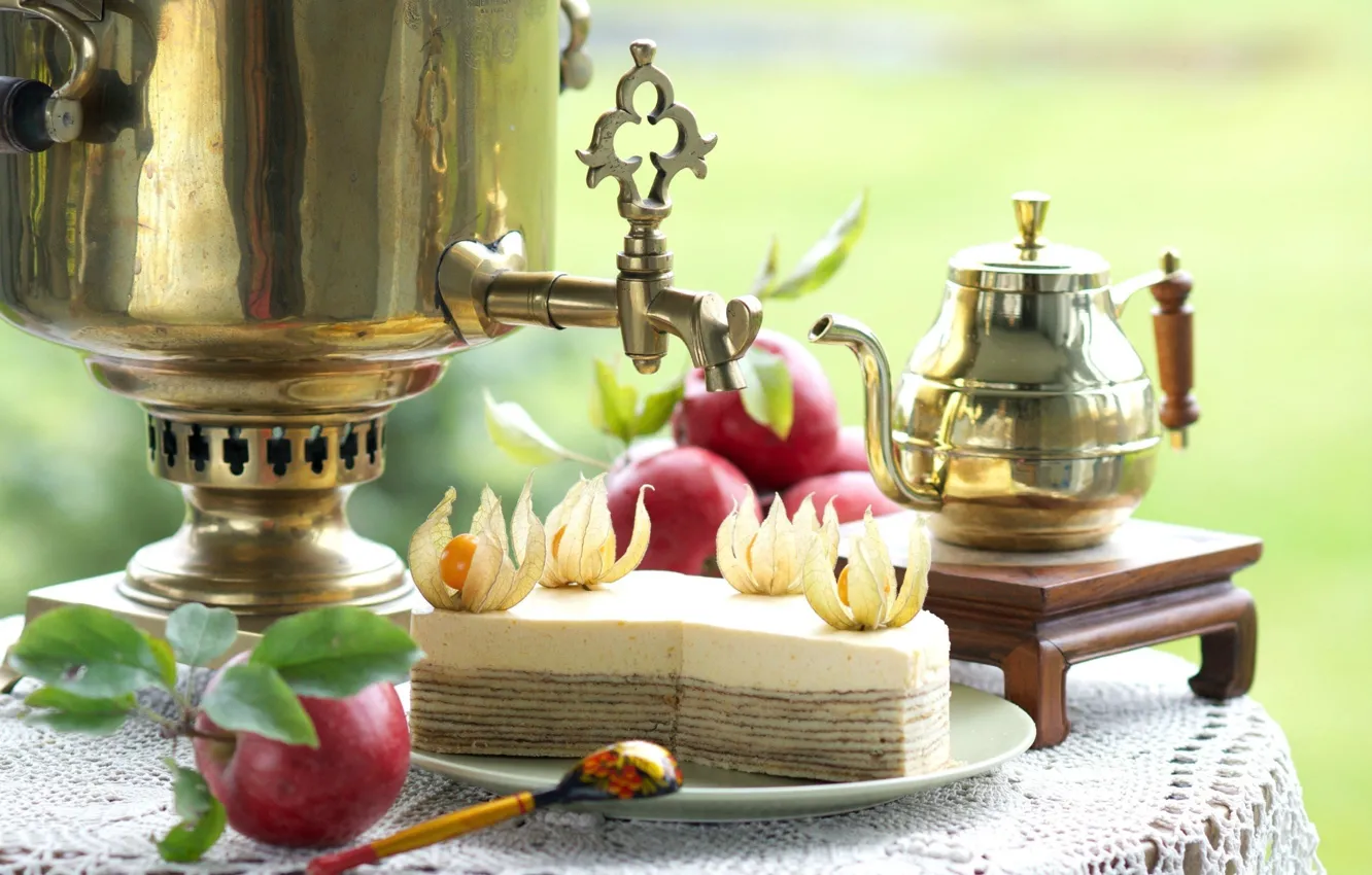 Photo wallpaper tea, Apple, pie, spoon, samovar